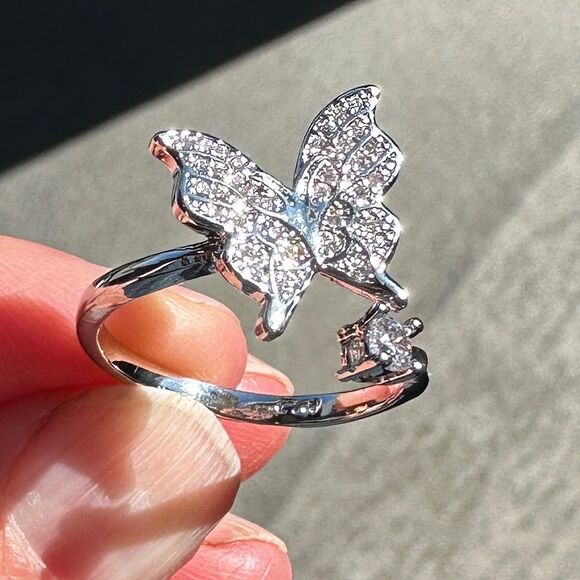 NEW White Gold Plated Pave Butterfly & Round Crystal CZ Adjustable Ring - Picture 1 of 11